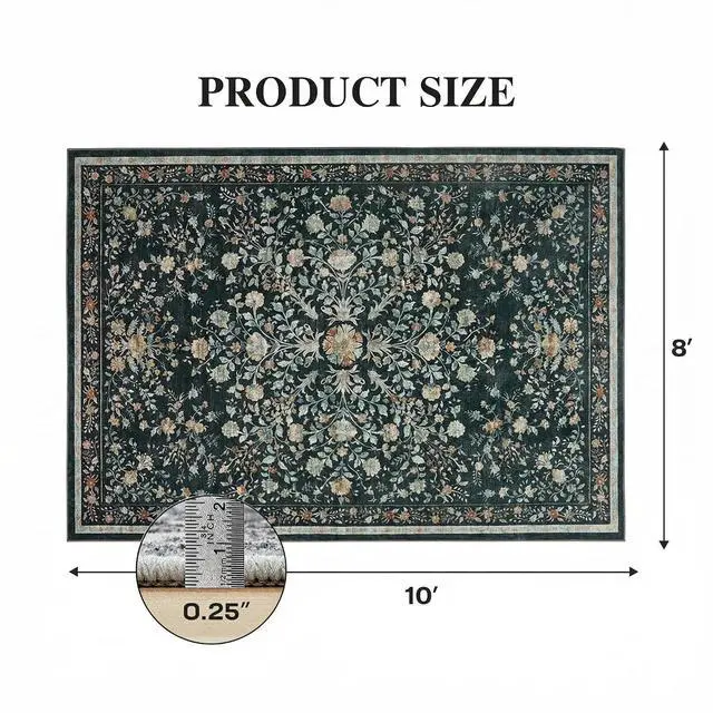 Alt view image 2 of 7 - 8'x10' Boho Area Rugs for Living Room, Machine Washable Floral Area Rug with Non-Slip Backing, Stain Resistant Non-Shed Carpet for Bedroom, Dining Room, Dorm, Office
