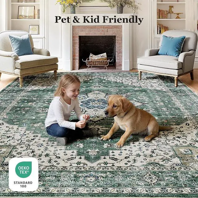 Alt view image 5 of 5 - 8'x10' Area Rugs for Living Room, Machine Washable Rugs Vintage Area Rug for Bedroom Dining Room Dorm Office with Non-Slip Backing, Stain Resistant Non-Shed Carpet