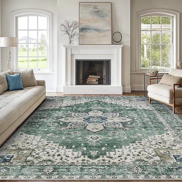 Alt view image 4 of 5 - 8'x10' Area Rugs for Living Room, Machine Washable Rugs Vintage Area Rug for Bedroom Dining Room Dorm Office with Non-Slip Backing, Stain Resistant Non-Shed Carpet