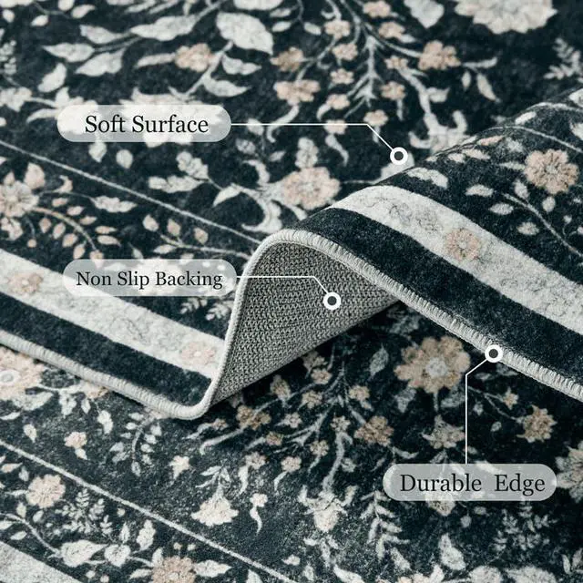 Alt view image 4 of 7 - 8'x10' Boho Area Rugs for Living Room, Machine Washable Floral Area Rug with Non-Slip Backing, Stain Resistant Non-Shed Carpet for Bedroom, Dining Room, Dorm, Office