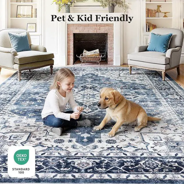 Alt view image 2 of 5 - 8'x10' Area Rugs for Living Room, Machine Washable Rugs Vintage Area Rug for Bedroom Dining Room Dorm Office with Non-Slip Backing, Stain Resistant Non-Shed Carpet