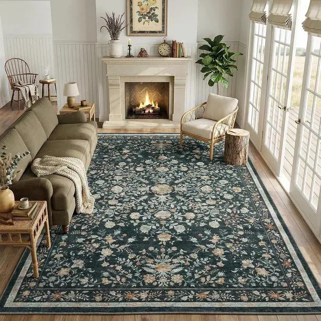 Alt view image 3 of 7 - 8'x10' Boho Area Rugs for Living Room, Machine Washable Floral Area Rug with Non-Slip Backing, Stain Resistant Non-Shed Carpet for Bedroom, Dining Room, Dorm, Office
