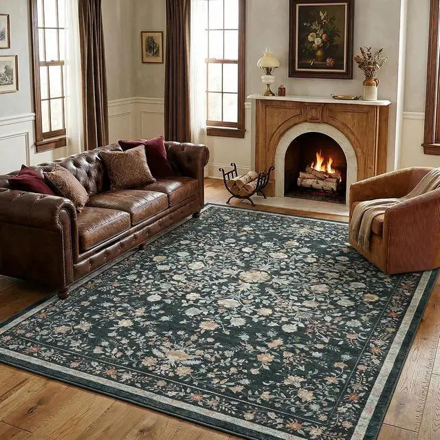 Alt view image 5 of 7 - 8'x10' Boho Area Rugs for Living Room, Machine Washable Floral Area Rug with Non-Slip Backing, Stain Resistant Non-Shed Carpet for Bedroom, Dining Room, Dorm, Office