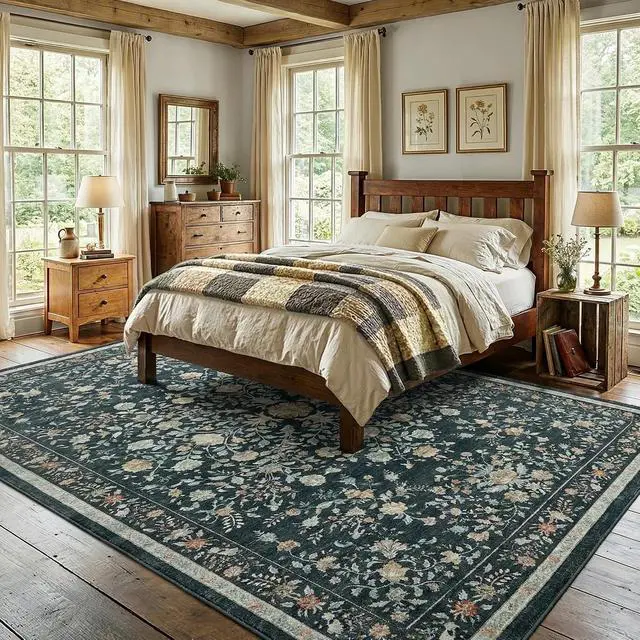 Alt view image 6 of 7 - 8'x10' Boho Area Rugs for Living Room, Machine Washable Floral Area Rug with Non-Slip Backing, Stain Resistant Non-Shed Carpet for Bedroom, Dining Room, Dorm, Office