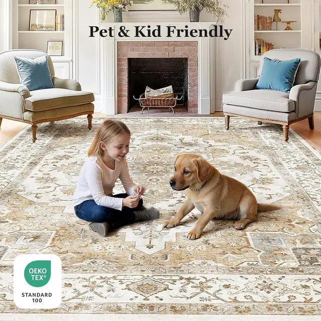 Alt view image 4 of 5 - 8'x10' Area Rugs for Living Room, Machine Washable Rugs Vintage Area Rug for Bedroom Dining Room Dorm Office with Non-Slip Backing, Stain Resistant Non-Shed Carpet