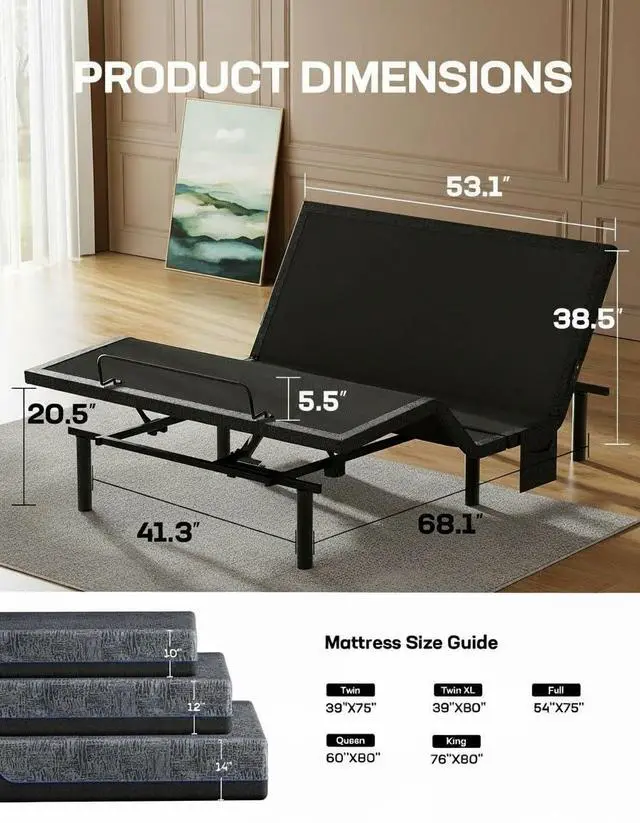Alt view image 2 of 7 - Queen Adjustable Bed Frame with Head & Foot Incline, Wireless Remote, 4 USB Ports & LED Night Light, Electric Adjustable Bed Base with 4 Height Options