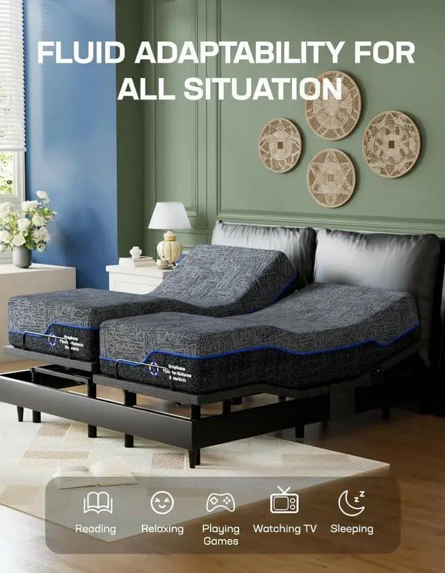 Alt view image 7 of 7 - Queen Adjustable Bed Frame with Head & Foot Incline, Wireless Remote, 4 USB Ports & LED Night Light, Electric Adjustable Bed Base with 4 Height Options