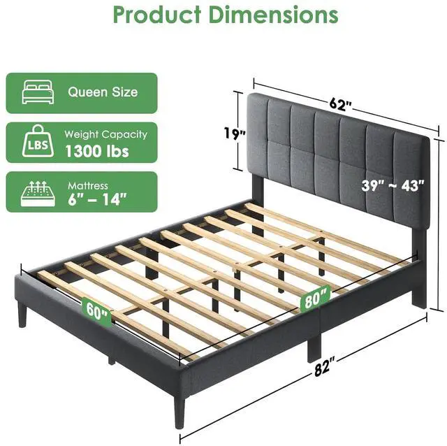 Alt view image 2 of 7 - Queen Size Bed Frame - Upholstered, Adjustable Headboard,6"-12" Mattress Fit, 1300 lbs Capacity, Sturdy 12-Leg Wood Construction, Easy Assembly, Dark Gray