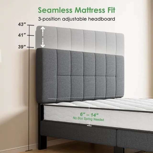 Alt view image 3 of 7 - Queen Size Bed Frame - Upholstered, Adjustable Headboard,6"-12" Mattress Fit, 1300 lbs Capacity, Sturdy 12-Leg Wood Construction, Easy Assembly, Dark Gray