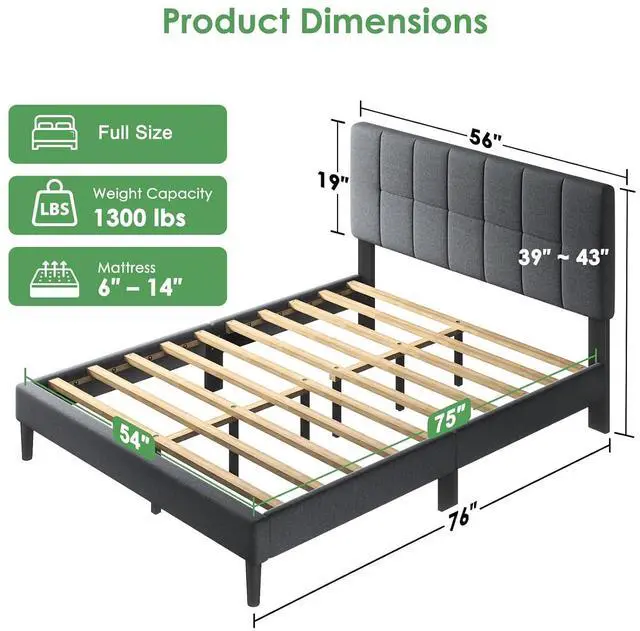 Alt view image 2 of 7 - Full Size Bed Frame with Headboard - Upholstered, Adjustable,6"-12" Mattress Fit, 1300 lbs Capacity, Sturdy 12-Leg Wood Construction, Easy Assembly, Dark Gray