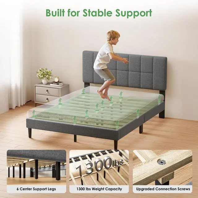 Alt view image 6 of 7 - Queen Size Bed Frame - Upholstered, Adjustable Headboard,6"-12" Mattress Fit, 1300 lbs Capacity, Sturdy 12-Leg Wood Construction, Easy Assembly, Dark Gray