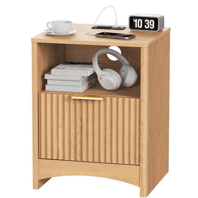 Alt view image 3 of 7 - Fluted Nightstand with Charging Station, Adjustable Bedside Table with USB & AC Ports, 1 Drawer End Table, Wood Grain Finish, Sleek Wide Handle, Perfect for Bedroom, Natural Oak