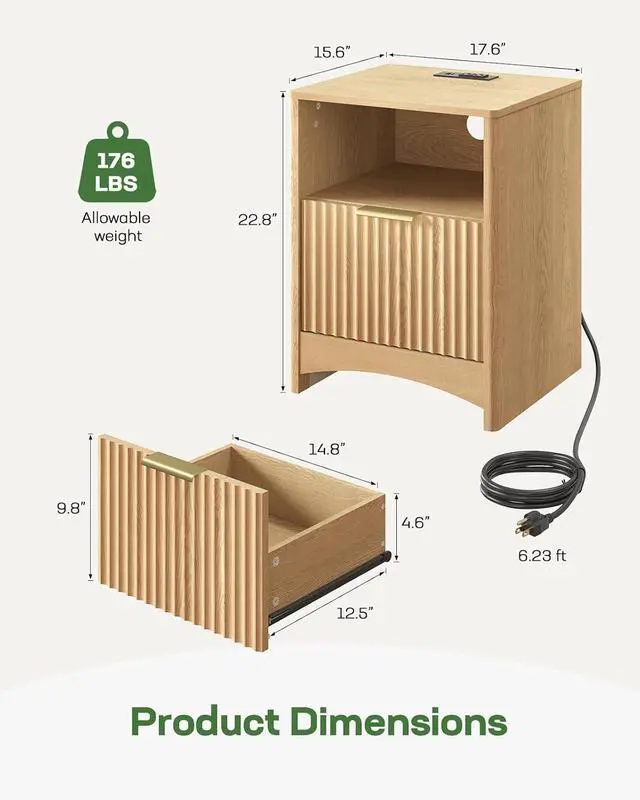 Alt view image 2 of 7 - Fluted Nightstand with Charging Station, Adjustable Bedside Table with USB & AC Ports, 1 Drawer End Table, Wood Grain Finish, Sleek Wide Handle, Perfect for Bedroom, Natural Oak