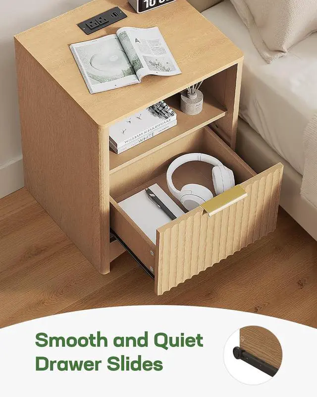 Alt view image 5 of 7 - Fluted Nightstand with Charging Station, Adjustable Bedside Table with USB & AC Ports, 1 Drawer End Table, Wood Grain Finish, Sleek Wide Handle, Perfect for Bedroom, Natural Oak
