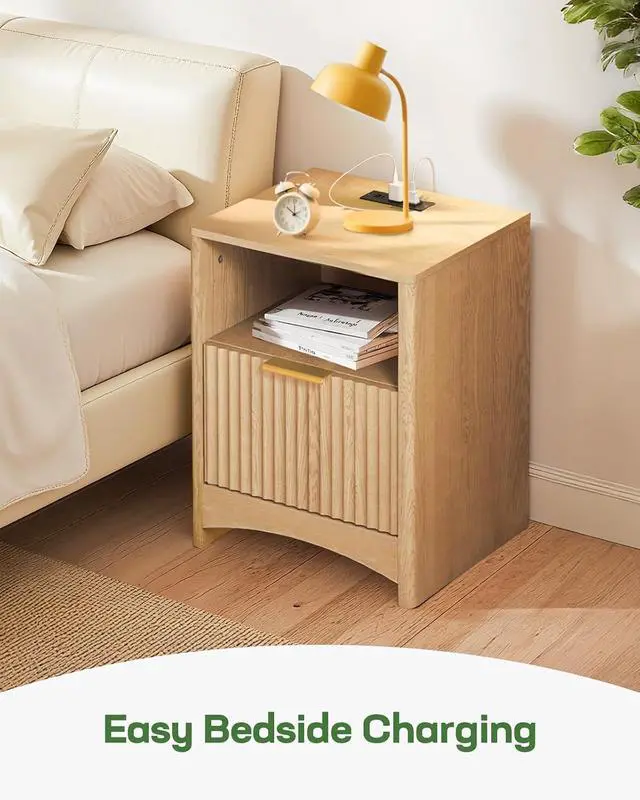 Alt view image 7 of 7 - Fluted Nightstand with Charging Station, Adjustable Bedside Table with USB & AC Ports, 1 Drawer End Table, Wood Grain Finish, Sleek Wide Handle, Perfect for Bedroom, Natural Oak