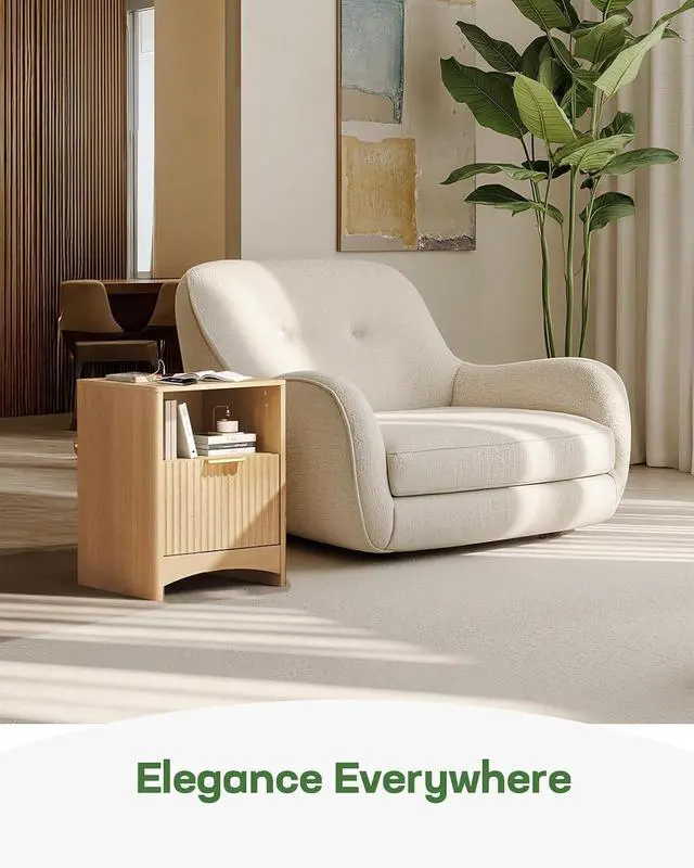 Alt view image 6 of 7 - Fluted Nightstand with Charging Station, Adjustable Bedside Table with USB & AC Ports, 1 Drawer End Table, Wood Grain Finish, Sleek Wide Handle, Perfect for Bedroom, Natural Oak