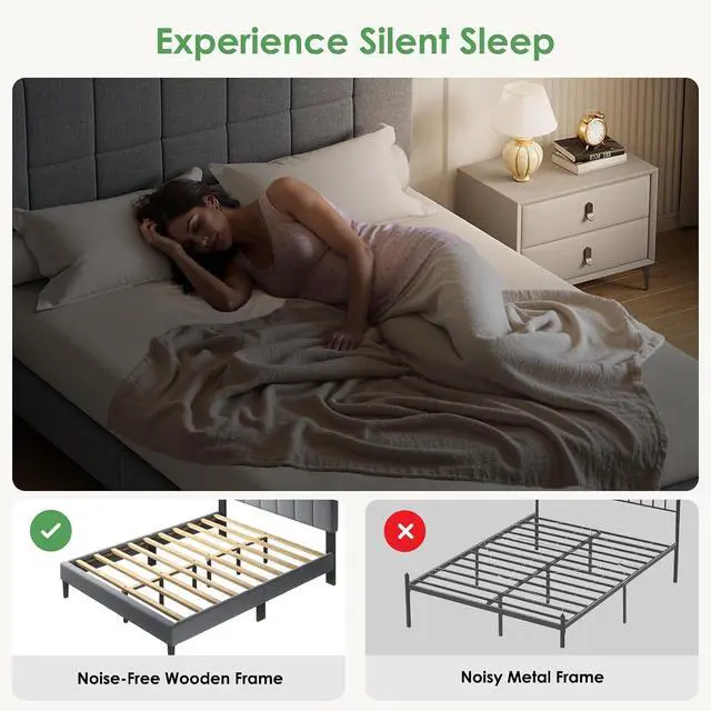 Alt view image 7 of 7 - Queen Size Bed Frame - Upholstered, Adjustable Headboard,6"-12" Mattress Fit, 1300 lbs Capacity, Sturdy 12-Leg Wood Construction, Easy Assembly, Dark Gray