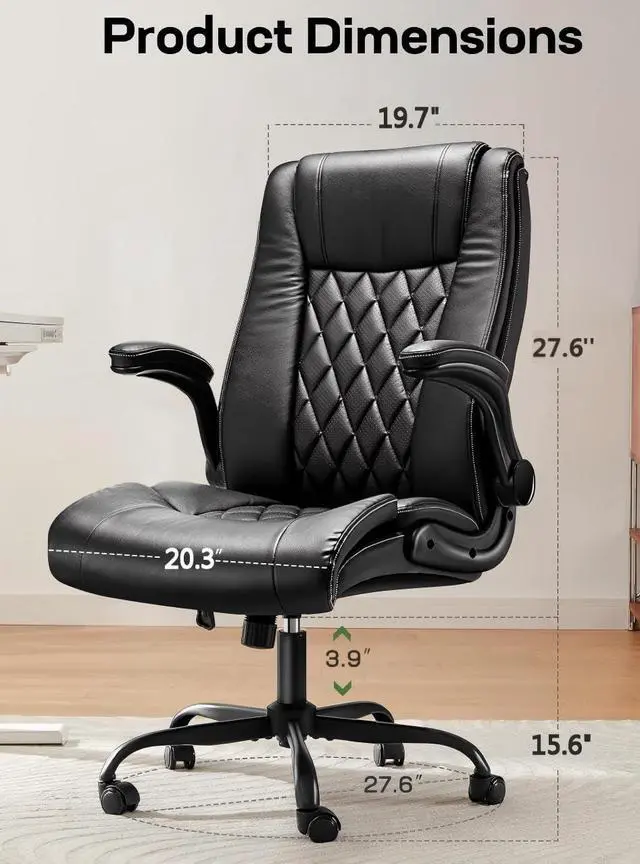 Alt view image 2 of 7 - Executive Office Chair Ergonomic Desk Chair with Flip-up Armrests PU Leather Height-Adjustable Swivel Rolling Dark