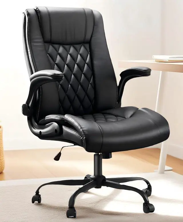 Main image of Executive Office Chair Ergonomic Desk Chair with Flip-up Armrests PU Leather Height-Adjustable Swivel Rolling Dark