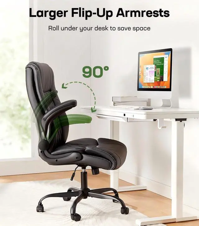 Alt view image 7 of 7 - Executive Office Chair Ergonomic Desk Chair with Flip-up Armrests PU Leather Height-Adjustable Swivel Rolling Dark