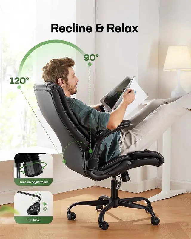 Alt view image 5 of 7 - Executive Office Chair Ergonomic Desk Chair with Flip-up Armrests PU Leather Height-Adjustable Swivel Rolling Dark
