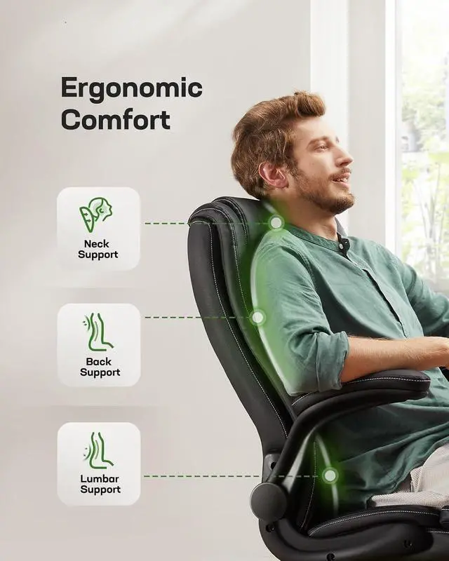 Alt view image 4 of 7 - Executive Office Chair Ergonomic Desk Chair with Flip-up Armrests PU Leather Height-Adjustable Swivel Rolling Dark