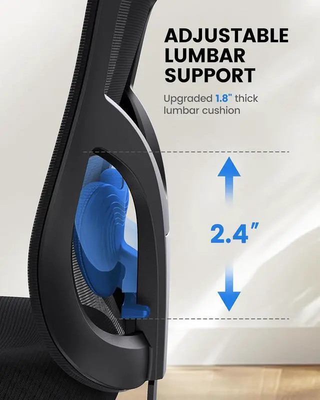 Alt view image 3 of 7 - Ergonomic Office Chair with Padded Lumbar Support, 2D Headrest, Adjustable Armrests, Upgraded Contoured Seat Cushion, 130° Rocking Tilt, Computer Gaming Chair for Home Office