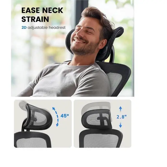 Alt view image 5 of 7 - Ergonomic Office Chair with Padded Lumbar Support, 2D Headrest, Adjustable Armrests, Upgraded Contoured Seat Cushion, 130° Rocking Tilt, Computer Gaming Chair for Home Office