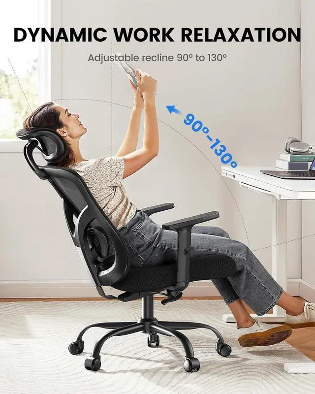 Alt view image 6 of 7 - Ergonomic Office Chair with Padded Lumbar Support, 2D Headrest, Adjustable Armrests, Upgraded Contoured Seat Cushion, 130° Rocking Tilt, Computer Gaming Chair for Home Office
