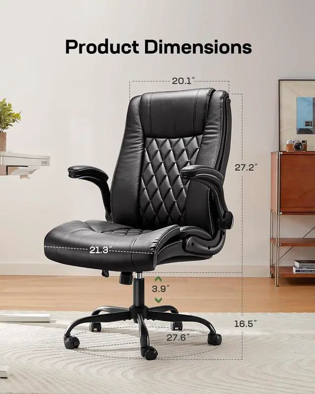 Alt view image 2 of 7 - Executive Office Chair with Flip-up Armrests,PU Leather Ergonomic Desk Chair Height-Adjustable Swivel Rolling Computer Desk Chair,Black