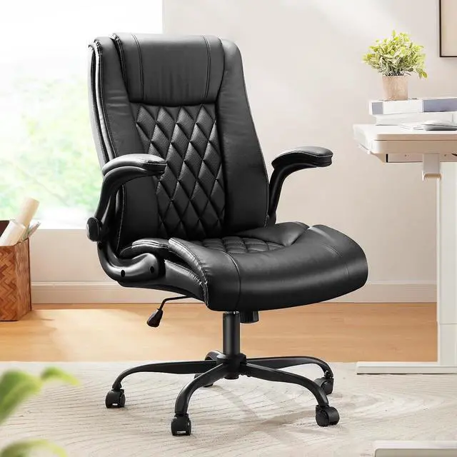 Main image of Executive Office Chair with Flip-up Armrests,PU Leather Ergonomic Desk Chair Height-Adjustable Swivel Rolling Computer Desk Chair,Black