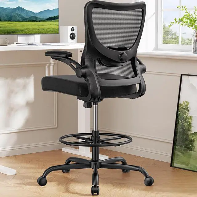 Main image of Drafting Chair, Tall Office Chair with 2D Lumbar Support, Standing Desk Chair with Padded Flip-Up Armrests & Adjustable Footrest Ring, Black