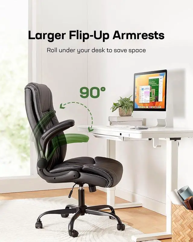 Alt view image 7 of 7 - Executive Office Chair with Flip-up Armrests,PU Leather Ergonomic Desk Chair Height-Adjustable Swivel Rolling Computer Desk Chair,Black