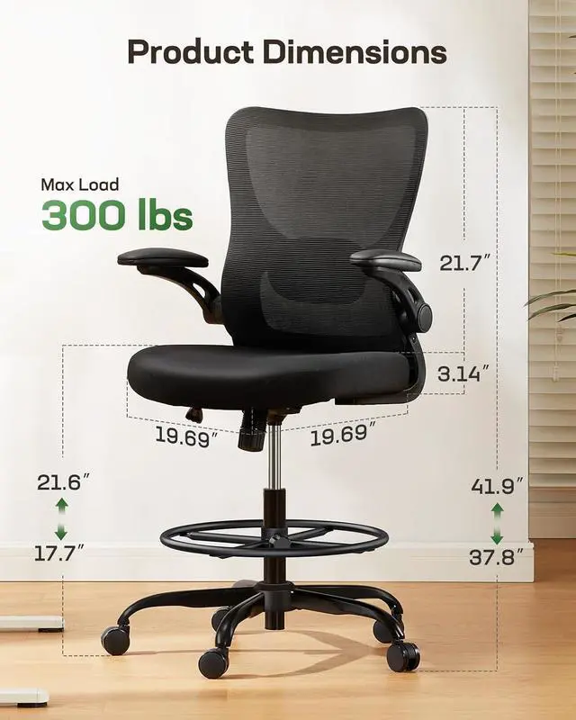 Alt view image 2 of 7 - Drafting Chair, Tall Office Chair with 2D Lumbar Support, Standing Desk Chair with Padded Flip-Up Armrests & Adjustable Footrest Ring, Black