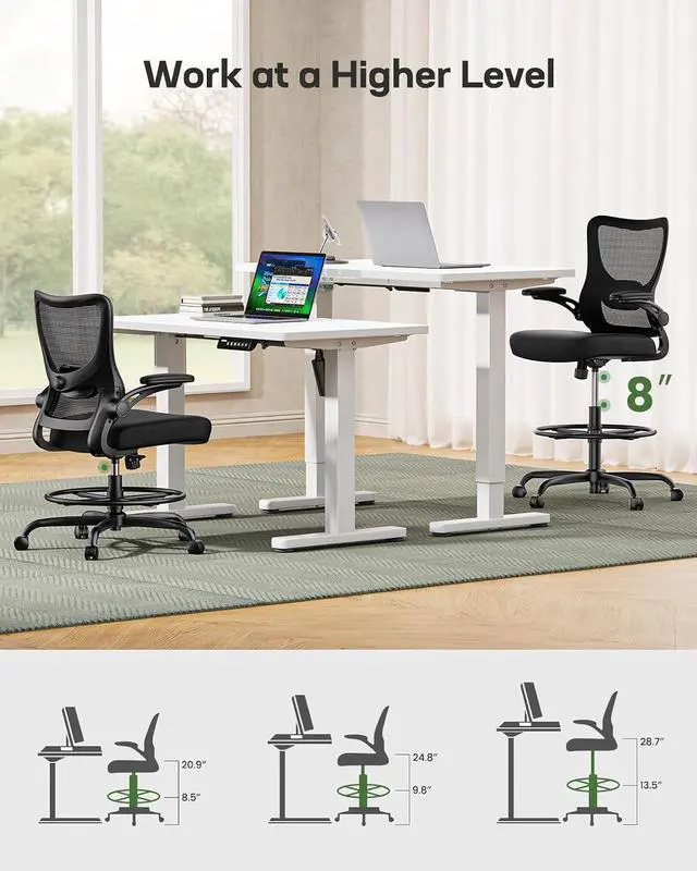 Alt view image 3 of 7 - Drafting Chair, Tall Office Chair with 2D Lumbar Support, Standing Desk Chair with Padded Flip-Up Armrests & Adjustable Footrest Ring, Black