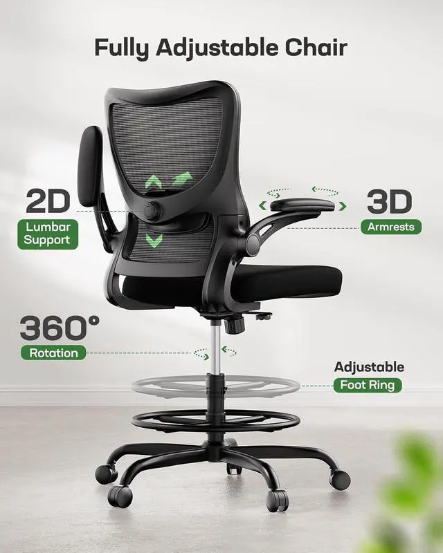 Alt view image 4 of 7 - Drafting Chair, Tall Office Chair with 2D Lumbar Support, Standing Desk Chair with Padded Flip-Up Armrests & Adjustable Footrest Ring, Black