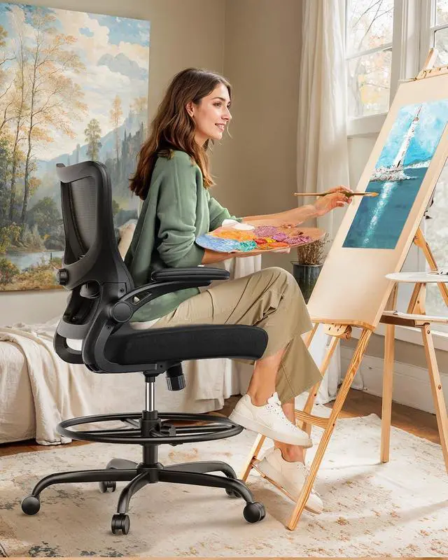 Alt view image 5 of 7 - Drafting Chair, Tall Office Chair with 2D Lumbar Support, Standing Desk Chair with Padded Flip-Up Armrests & Adjustable Footrest Ring, Black