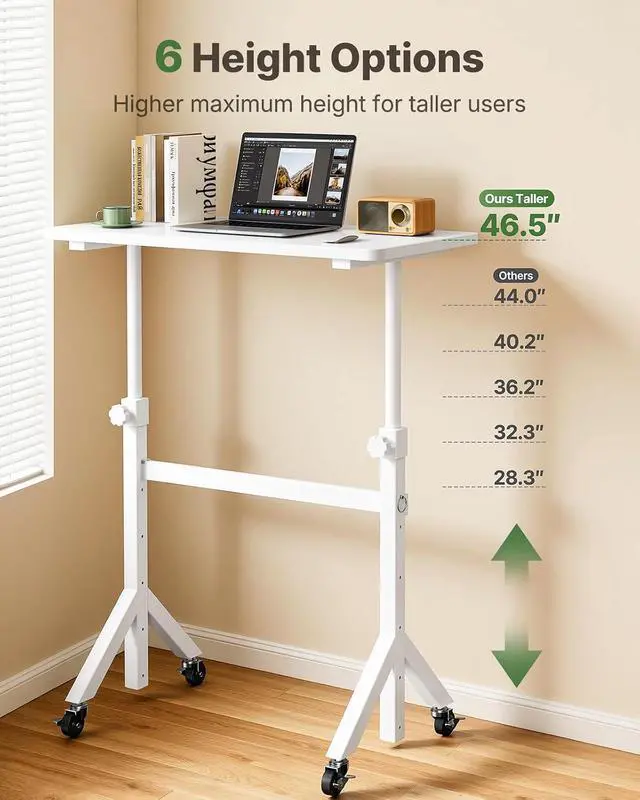 Alt view image 3 of 7 - Mobile Stand Up Desk with Wheels, Adjustable Height Desk from 28.3 to 46.5, Rolling Standing Desk with Lockable Wheels, Portable Small Desk for Walking Pad and Treadmill, White