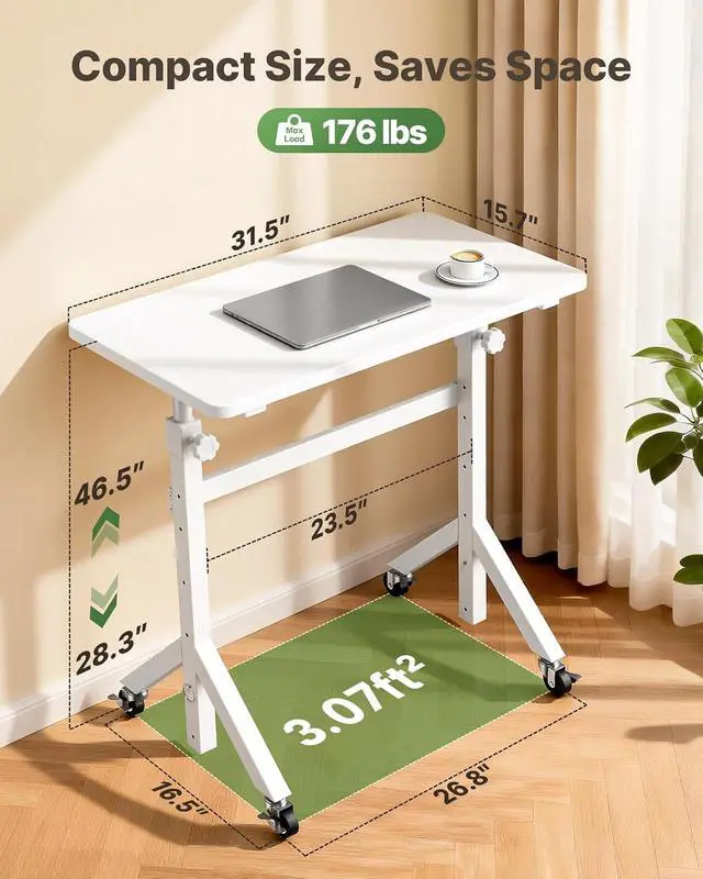 Alt view image 2 of 7 - Mobile Stand Up Desk with Wheels, Adjustable Height Desk from 28.3 to 46.5, Rolling Standing Desk with Lockable Wheels, Portable Small Desk for Walking Pad and Treadmill, White