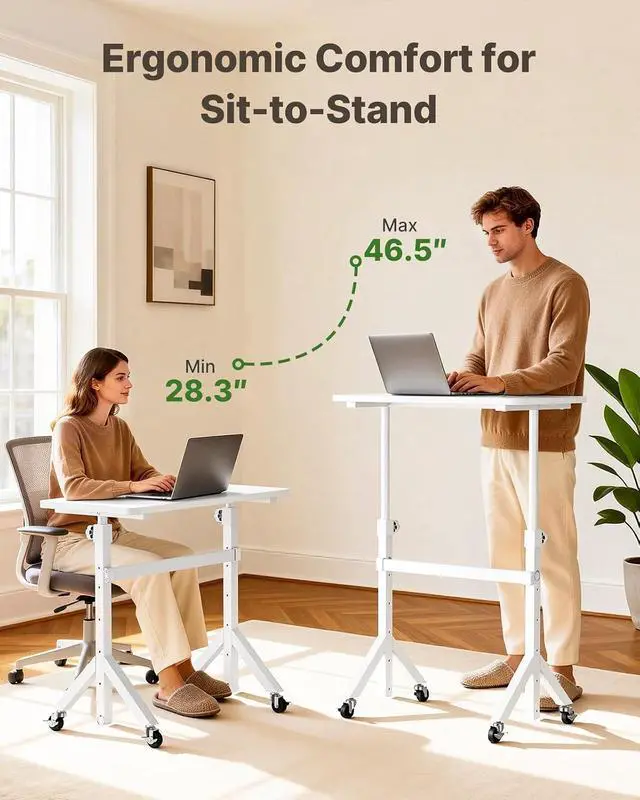 Alt view image 6 of 7 - Mobile Stand Up Desk with Wheels, Adjustable Height Desk from 28.3 to 46.5, Rolling Standing Desk with Lockable Wheels, Portable Small Desk for Walking Pad and Treadmill, White