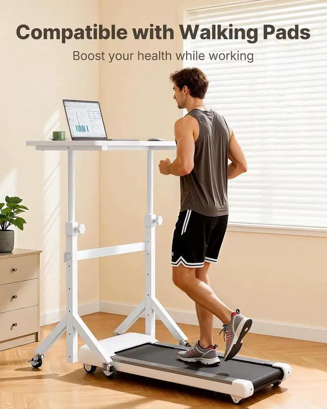 Alt view image 7 of 7 - Mobile Stand Up Desk with Wheels, Adjustable Height Desk from 28.3 to 46.5, Rolling Standing Desk with Lockable Wheels, Portable Small Desk for Walking Pad and Treadmill, White