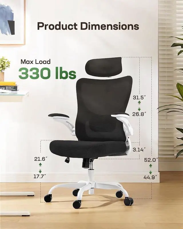 Alt view image 7 of 7 - Ergonomic Office Chair: Office Desk Chair with High Back Mesh and Adjustable Lumbar Support Rolling Work Swivel Task Chairs with Wheel 3D Armrests and Headrest
