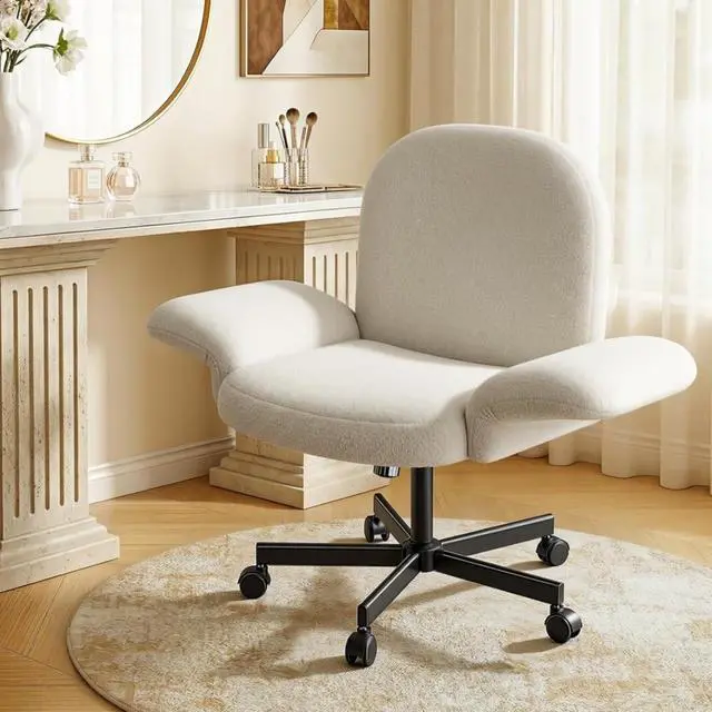 Main image of Criss Cross Office Chair with Adjustable Armrests & Wheels, Vanity Chair with Wide Cushion, Reclining Back, Soft Chenille Fabric, Desk Chair for Home Office, Makeup Room, Bedroom, Beige
