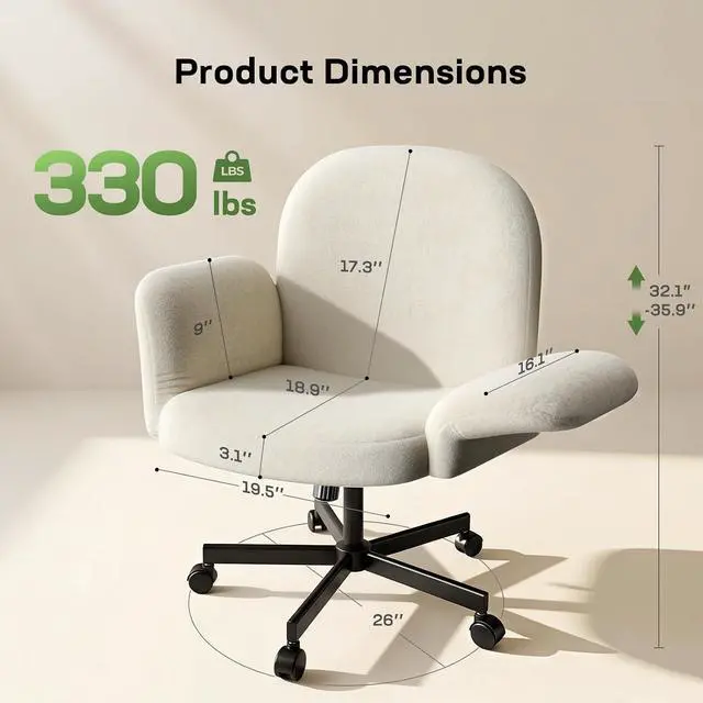 Alt view image 2 of 7 - Criss Cross Office Chair with Adjustable Armrests & Wheels, Vanity Chair with Wide Cushion, Reclining Back, Soft Chenille Fabric, Desk Chair for Home Office, Makeup Room, Bedroom, Beige