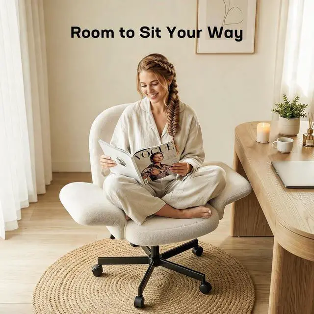 Alt view image 4 of 7 - Criss Cross Office Chair with Adjustable Armrests & Wheels, Vanity Chair with Wide Cushion, Reclining Back, Soft Chenille Fabric, Desk Chair for Home Office, Makeup Room, Bedroom, Beige