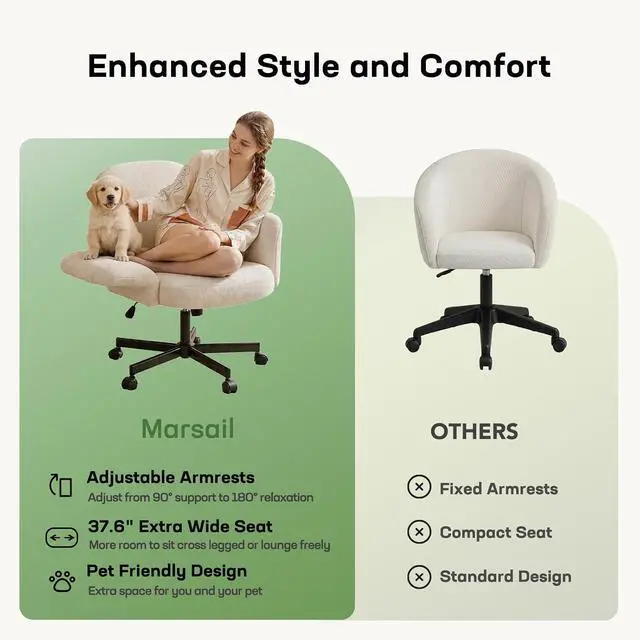 Alt view image 5 of 7 - Criss Cross Office Chair with Adjustable Armrests & Wheels, Vanity Chair with Wide Cushion, Reclining Back, Soft Chenille Fabric, Desk Chair for Home Office, Makeup Room, Bedroom, Beige