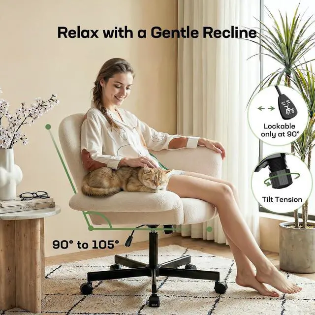 Alt view image 6 of 7 - Criss Cross Office Chair with Adjustable Armrests & Wheels, Vanity Chair with Wide Cushion, Reclining Back, Soft Chenille Fabric, Desk Chair for Home Office, Makeup Room, Bedroom, Beige