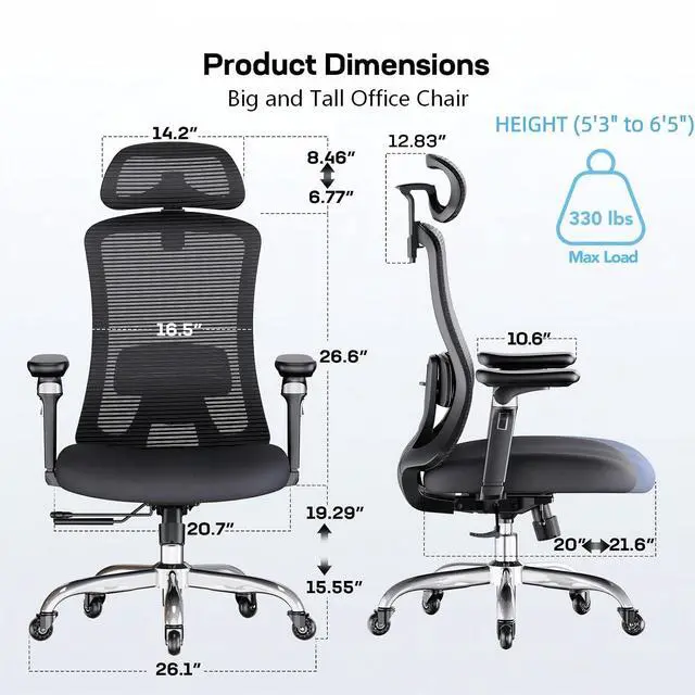 Alt view image 2 of 7 - Ergonomic Office Chair with 6D Armrests, Ergonomic Chair with 3D Adjustable Headrest, Slide Seat, Lumbar Support, and 4-Position Tilt Lock Big and Tall Office Chair with 330 lbs Capacity