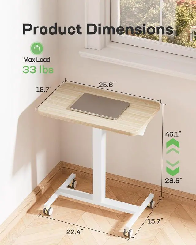 Alt view image 2 of 7 - Mobile Standing Desk, Wider Height Adjustable Computer Desk, Rolling Sit Stand Desk with 4 Lockable Wheels, Ergonomic Desk for Home Office and Classroom, Natural