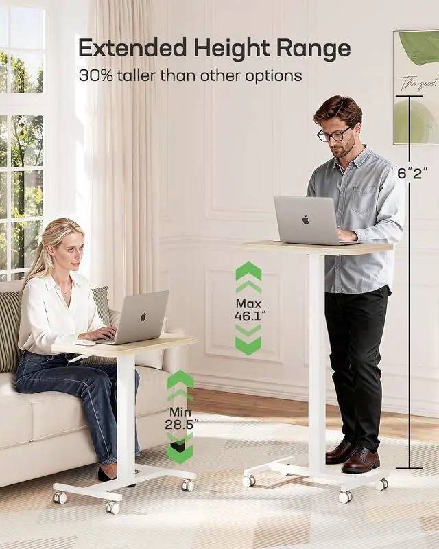 Alt view image 3 of 7 - Mobile Standing Desk, Wider Height Adjustable Computer Desk, Rolling Sit Stand Desk with 4 Lockable Wheels, Ergonomic Desk for Home Office and Classroom, Natural
